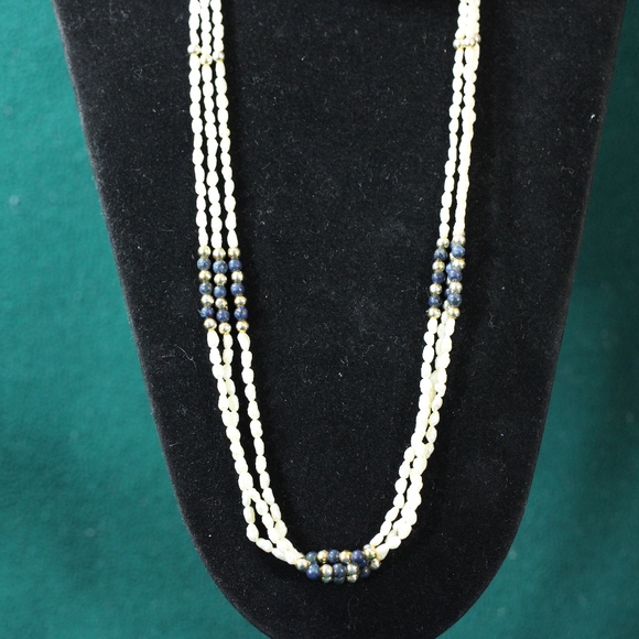 White Seed Pearl Gold Lapis Necklace Bracelet Set - Picture 2 of 8